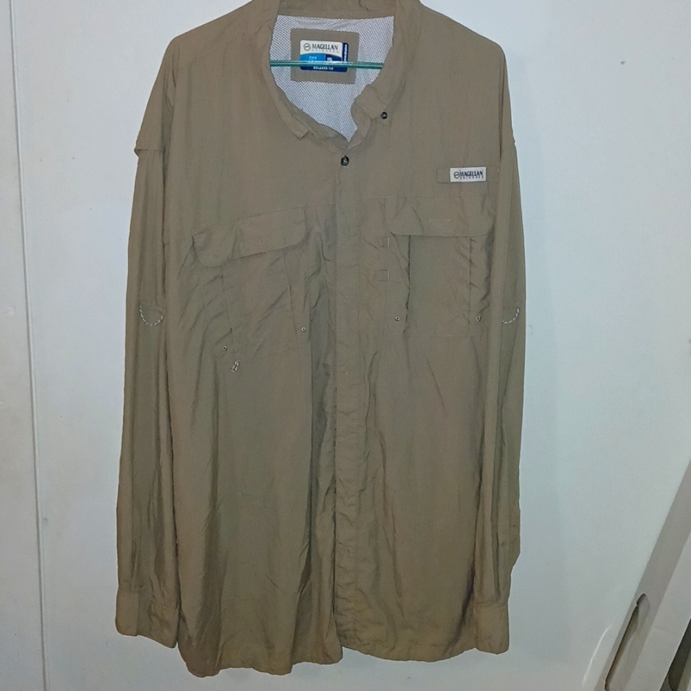 Magellan long sleeve tan button down shirt